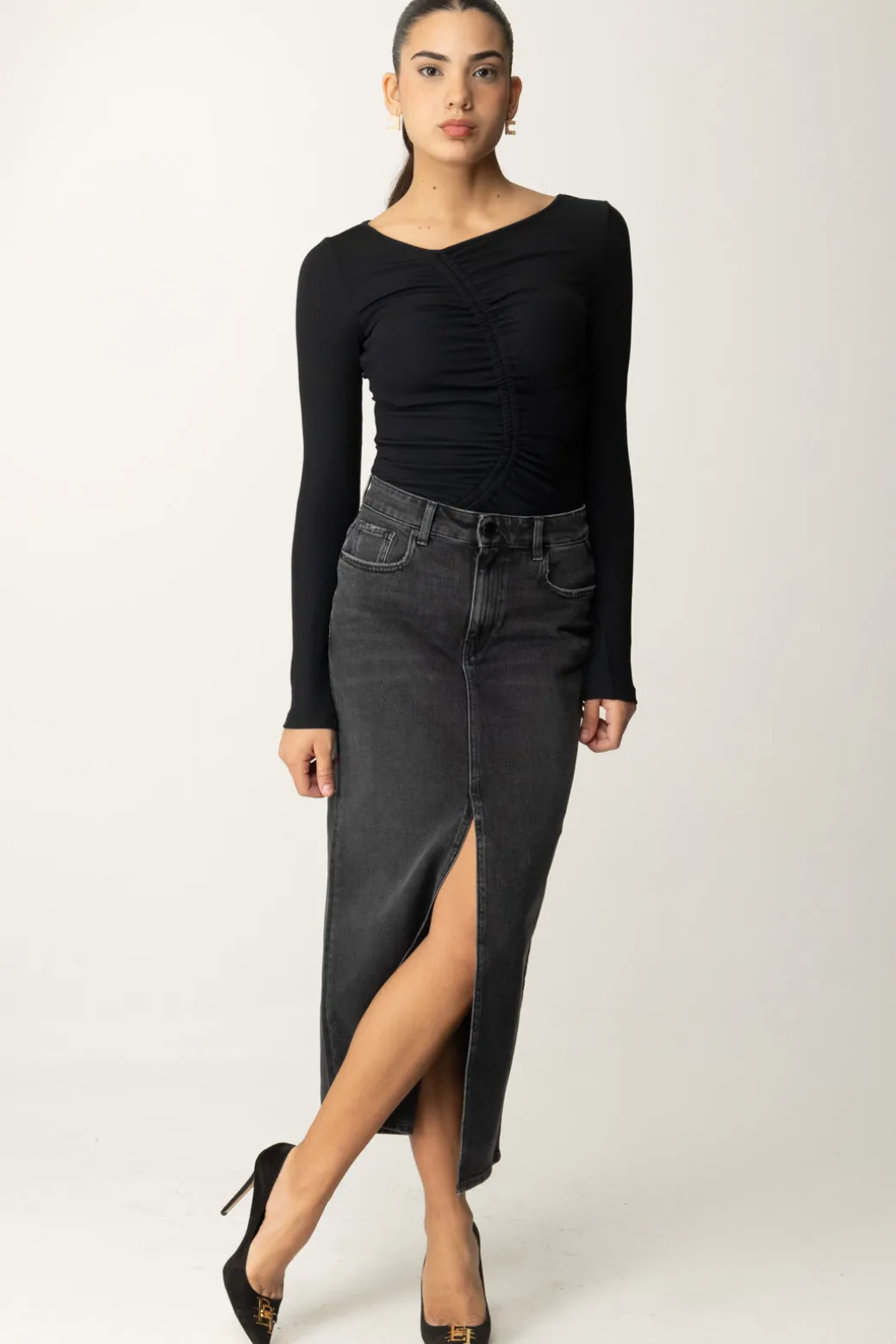 Donna Replay Gonna Midi In Jeans con Spacco Frontale