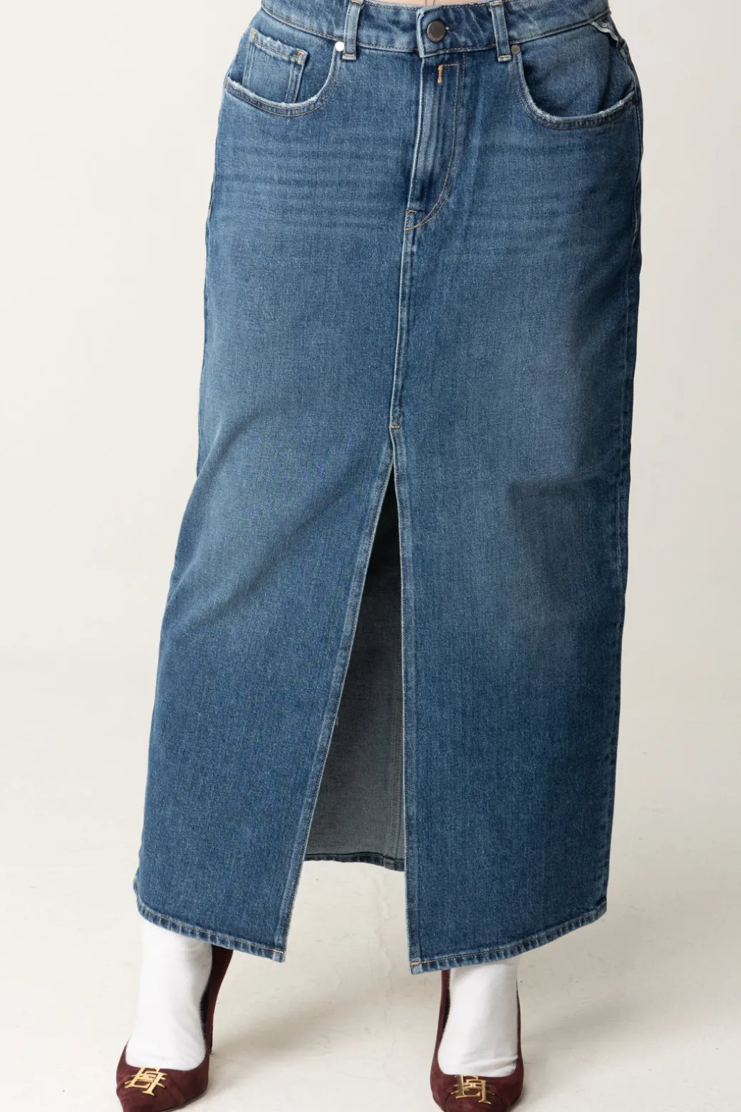 Donna Replay Gonna Midi In Jeans con Spacco Frontale