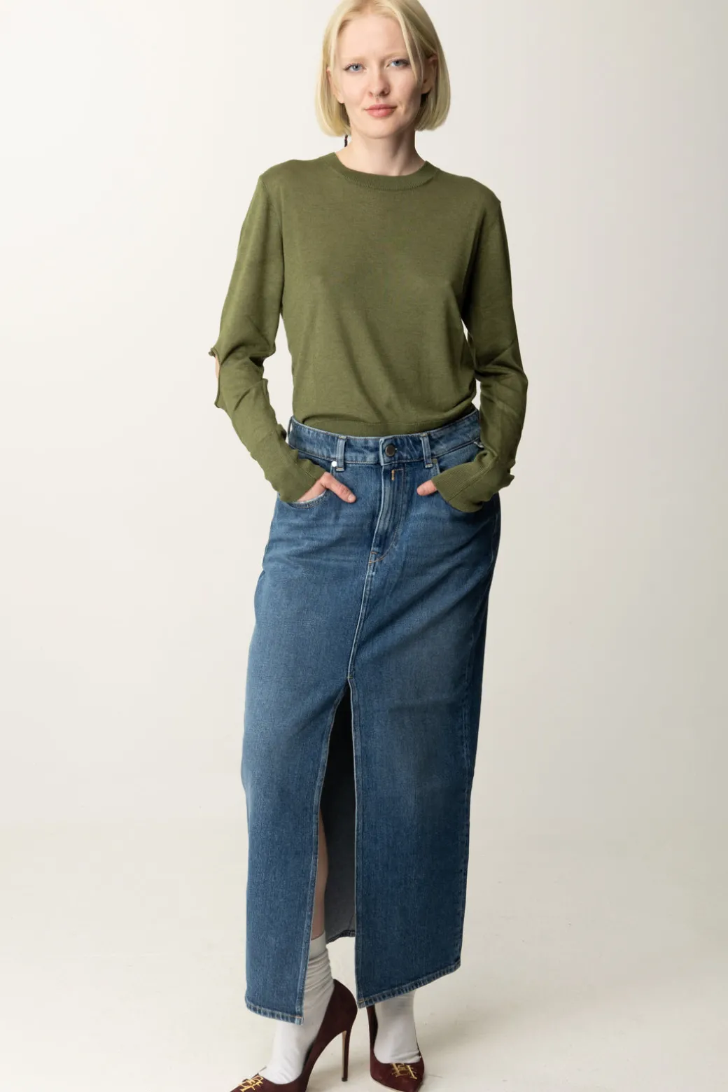 Donna Replay Gonna Midi In Jeans con Spacco Frontale