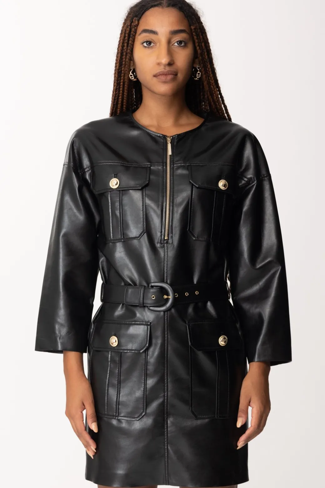 Donna Simona Corsellini Abito In Pelle con Zip e Cintura