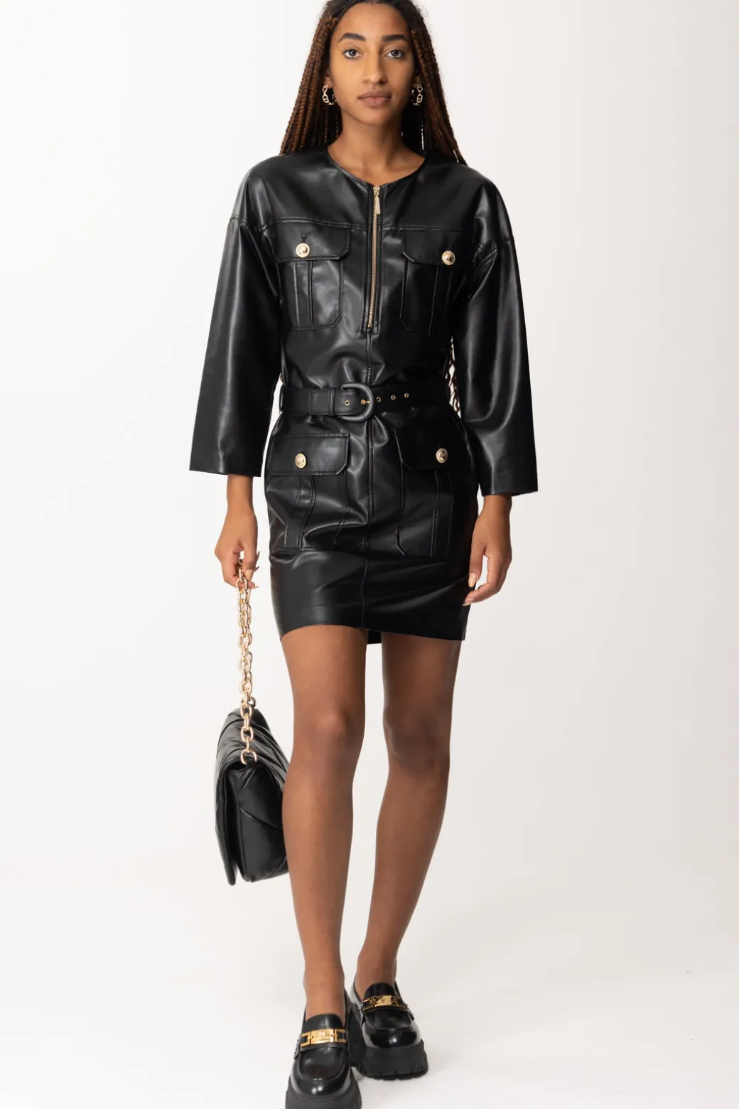Donna Simona Corsellini Abito In Pelle con Zip e Cintura