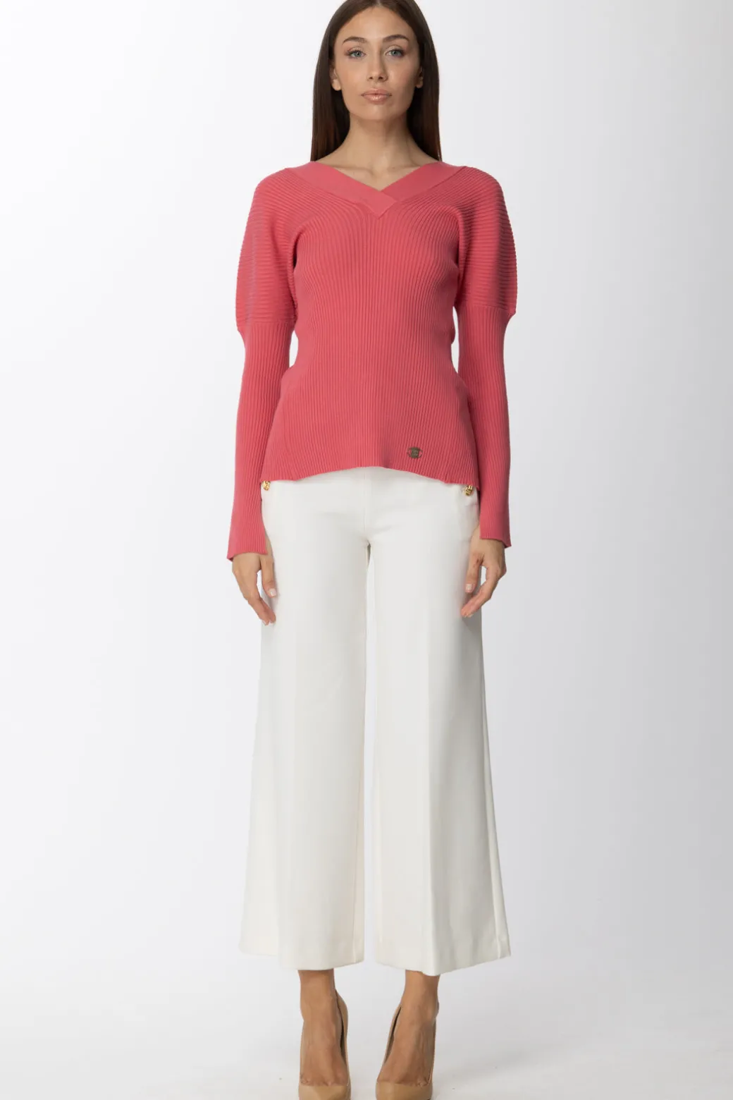 Donna Simona Corsellini Maglia a Costine con Scollo a V