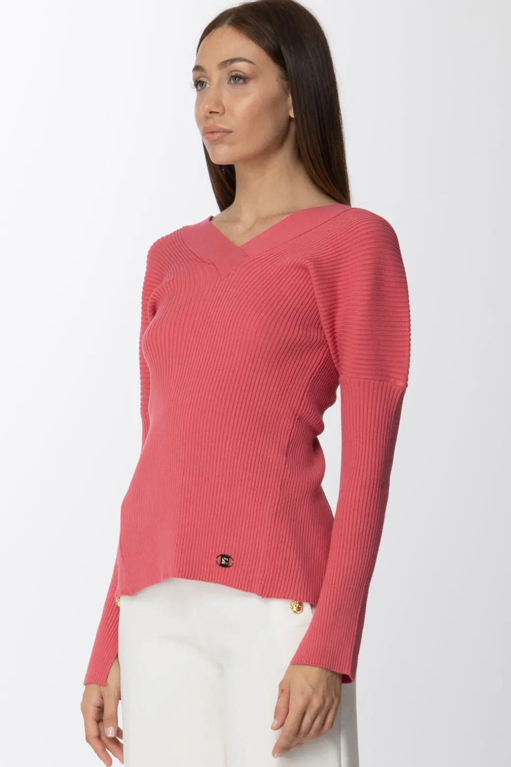 Donna Simona Corsellini Maglia a Costine con Scollo a V