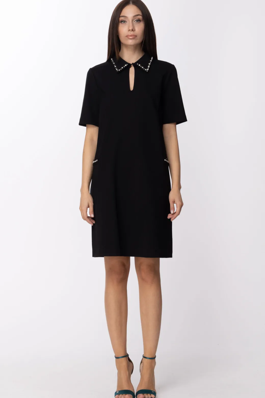 Donna Twin-set Abito con Strass Sul Colletto