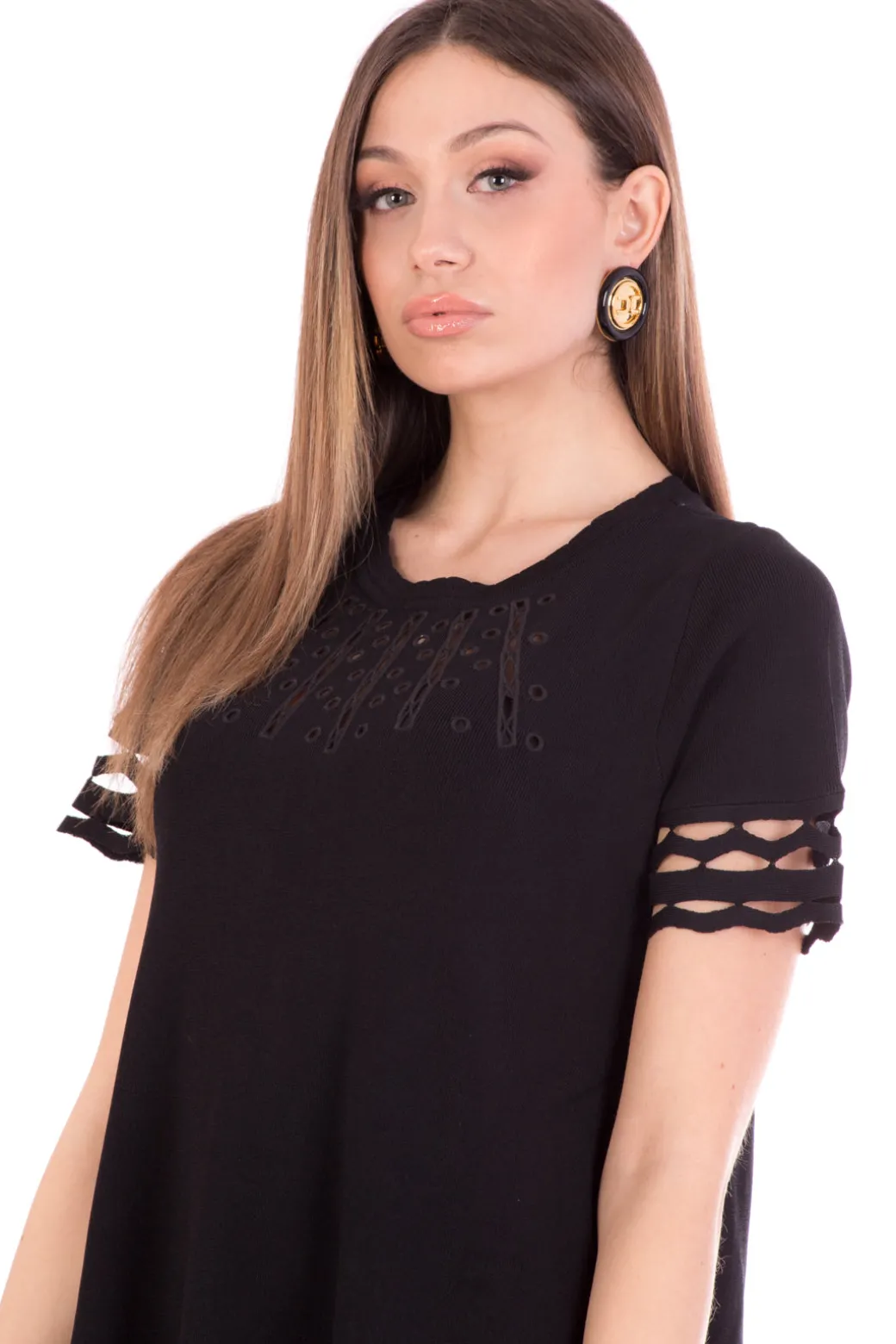 Donna Twin-set Abito In Maglia a Sacchetto Orli Traforati