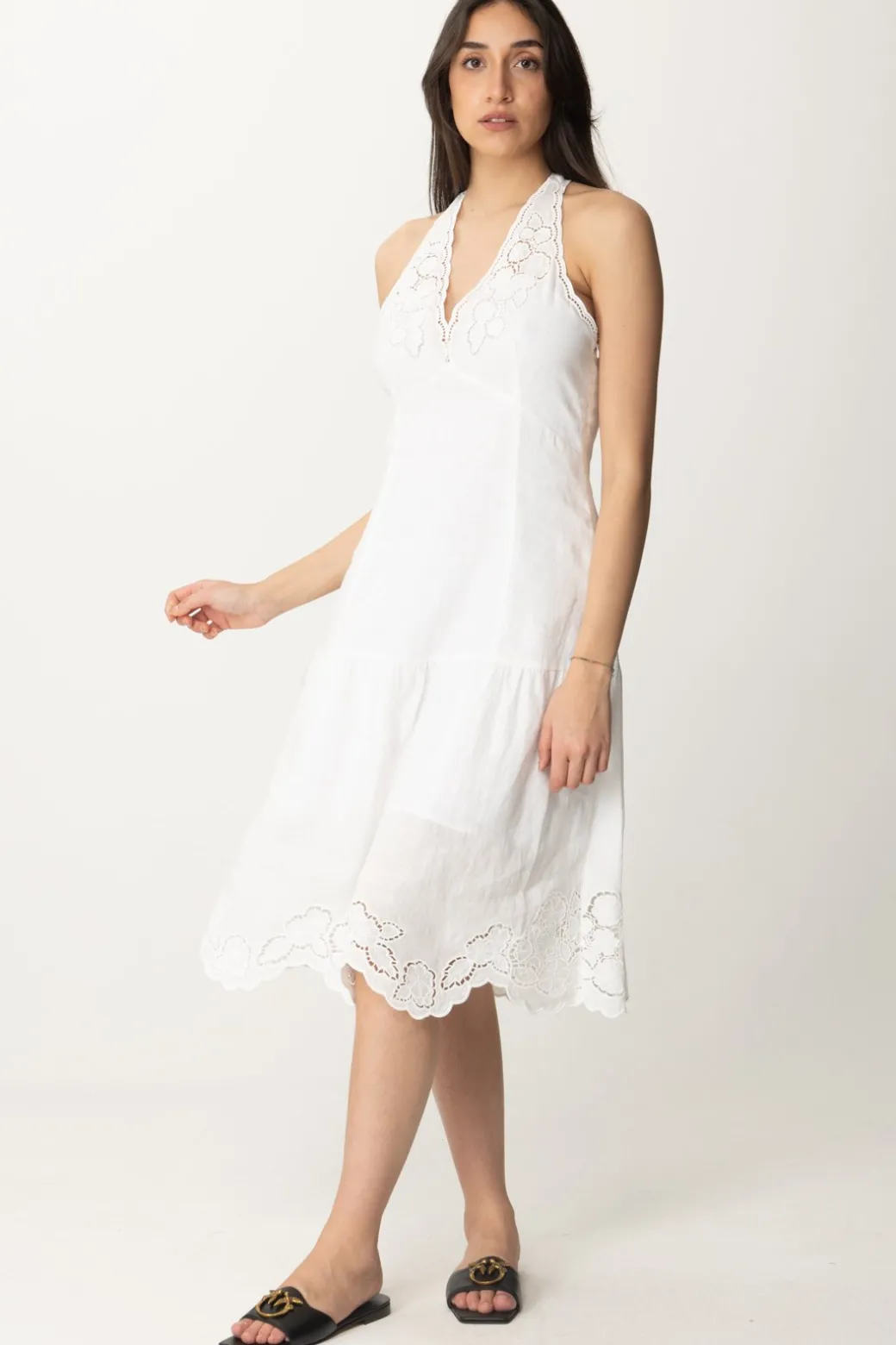 Donna Twin-set Abito Longuette In Lino Ricamo Fiori