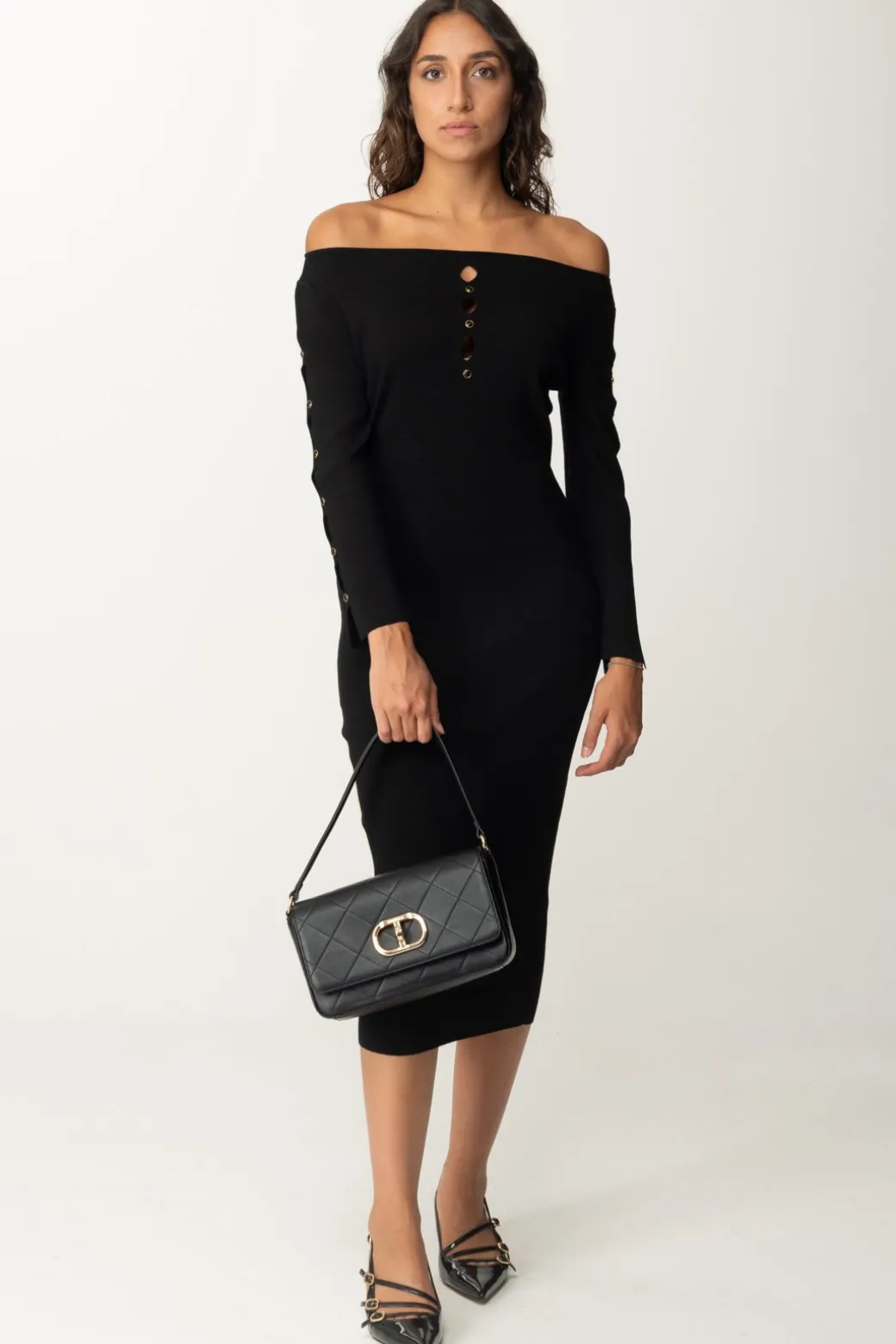 Donna Twin-set Abito Longuette In Maglia con Cut-out e Borchie