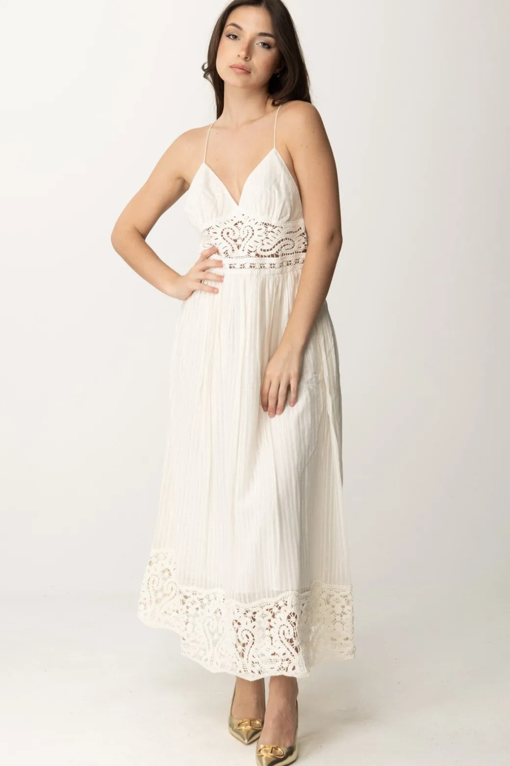 Donna Twin-set Abito Lungo con Inserti Crochet