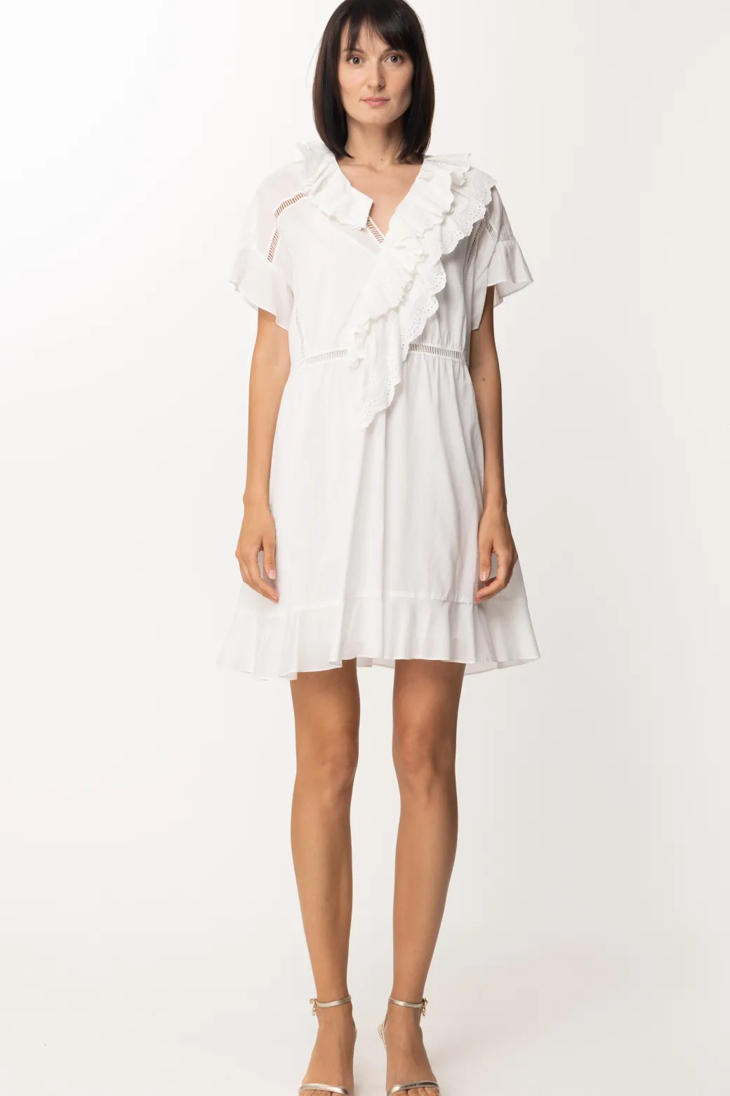 Donna Twin-set Abito Mini con Sangallo e Volant