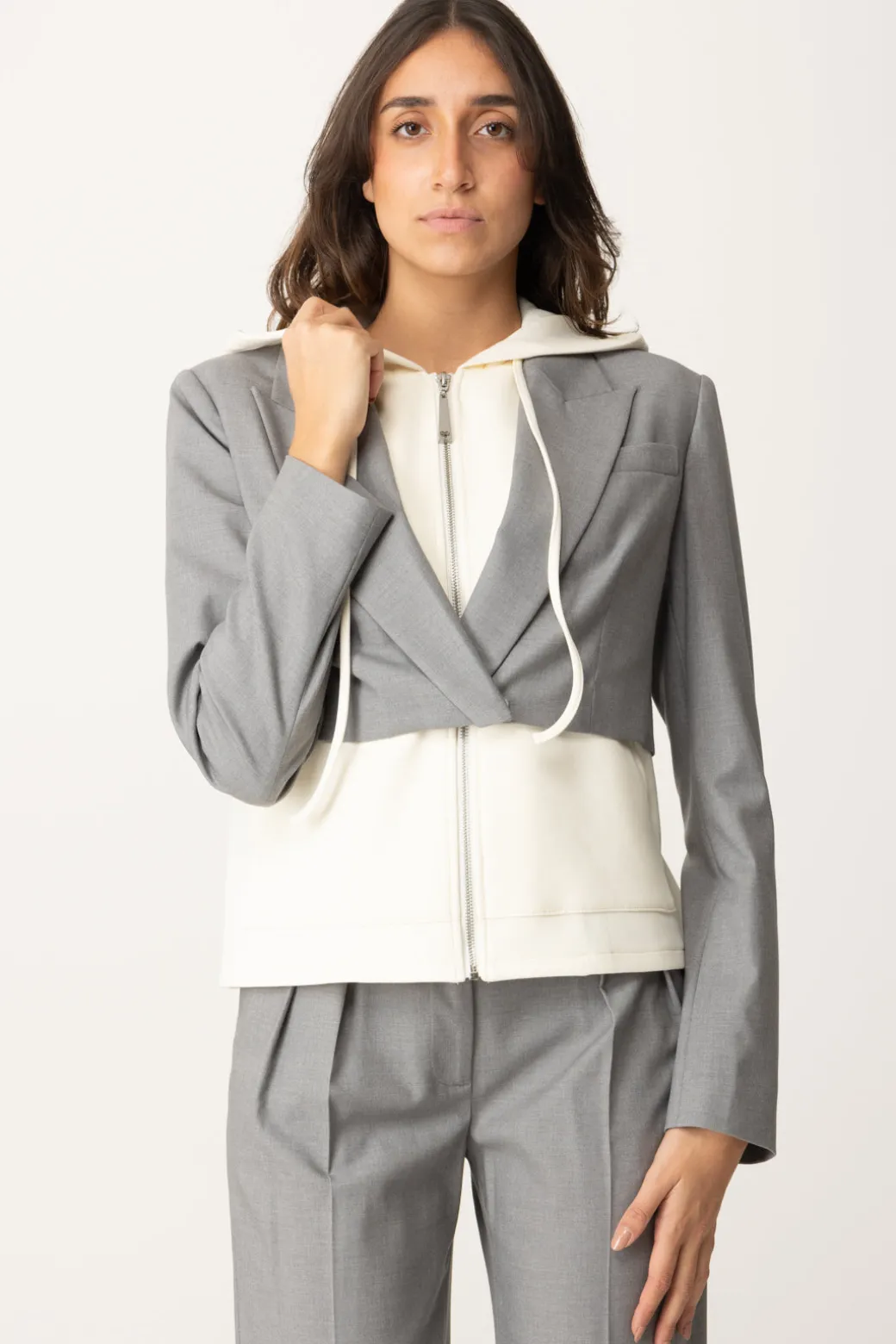Donna Twin-set Blazer Bimateriale con Cappuccio