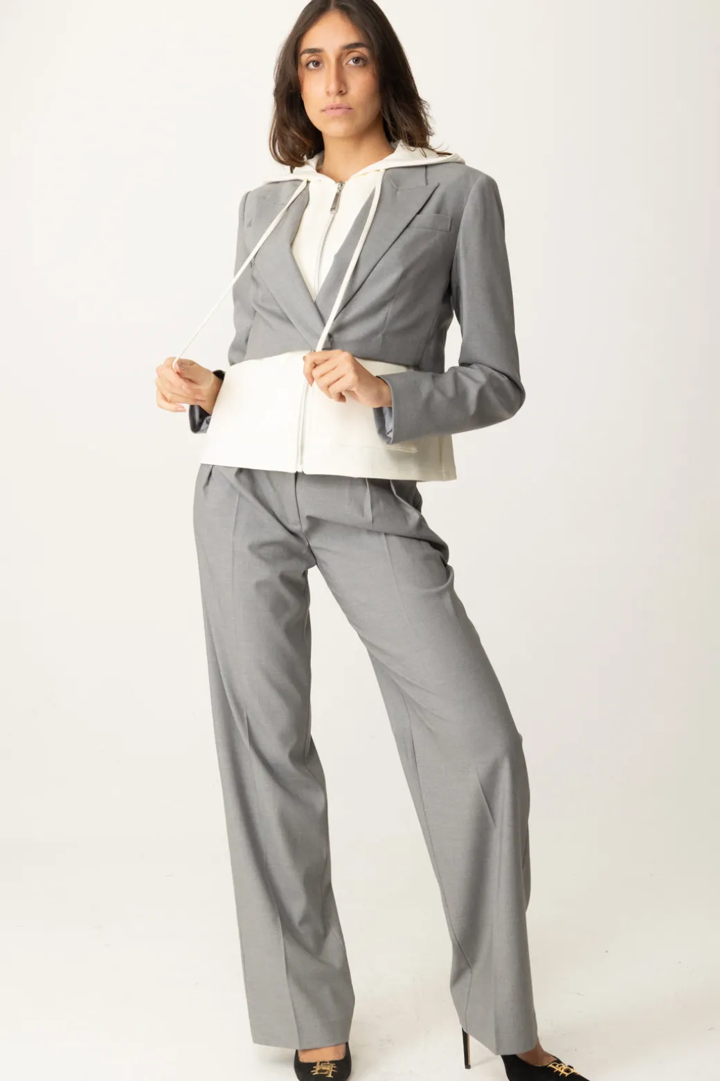 Donna Twin-set Blazer Bimateriale con Cappuccio