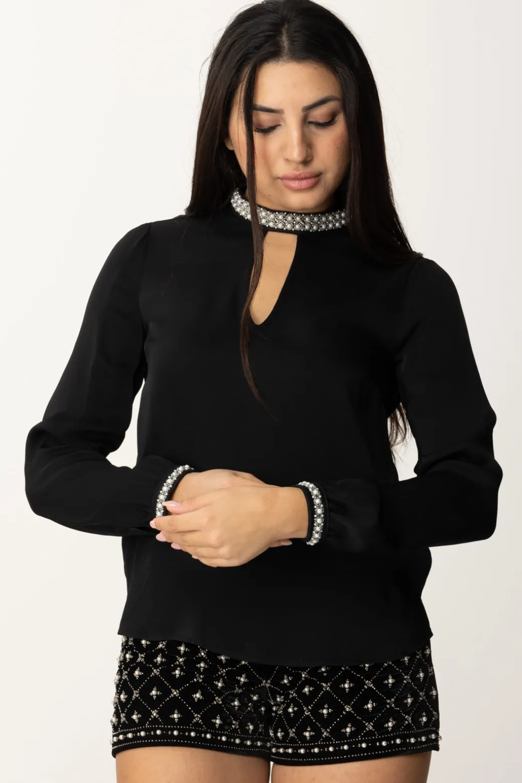 Donna Twin-set Blusa con Strass e Perline