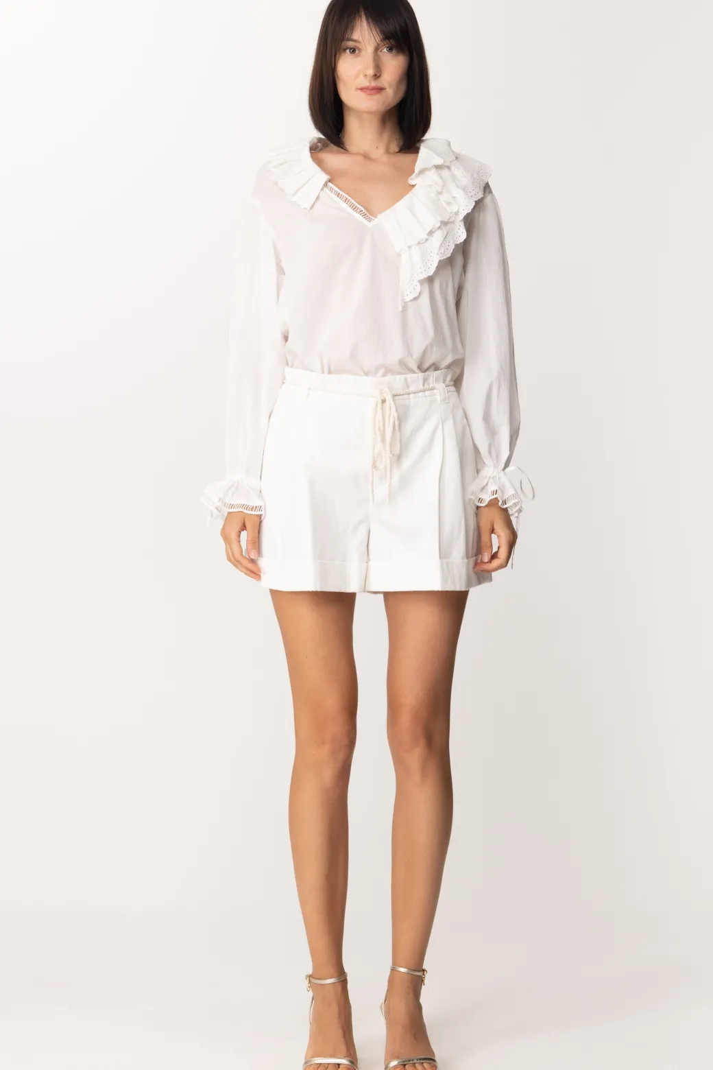 Donna Twin-set Blusa con Volant In Sangallo