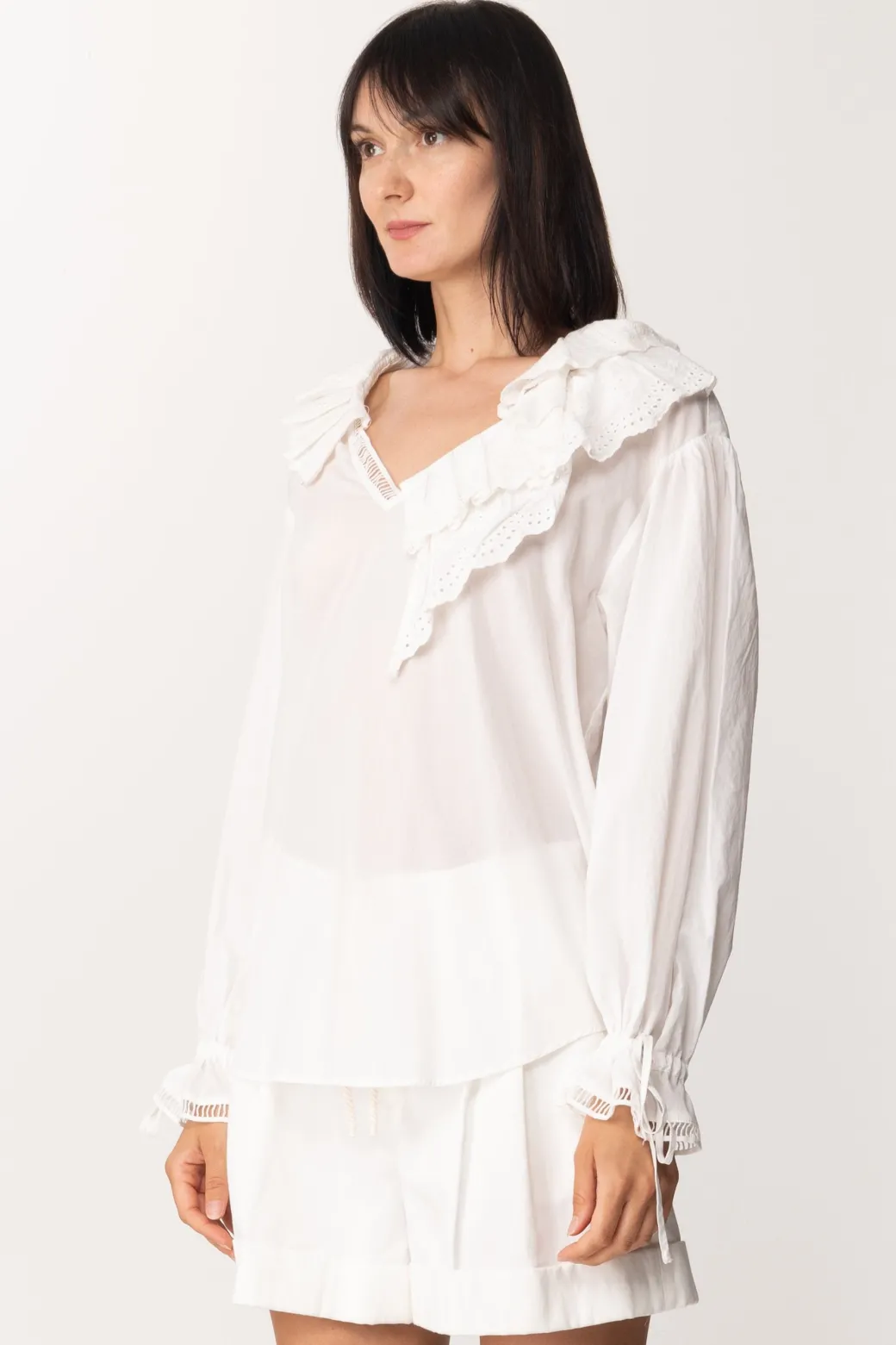 Donna Twin-set Blusa con Volant In Sangallo