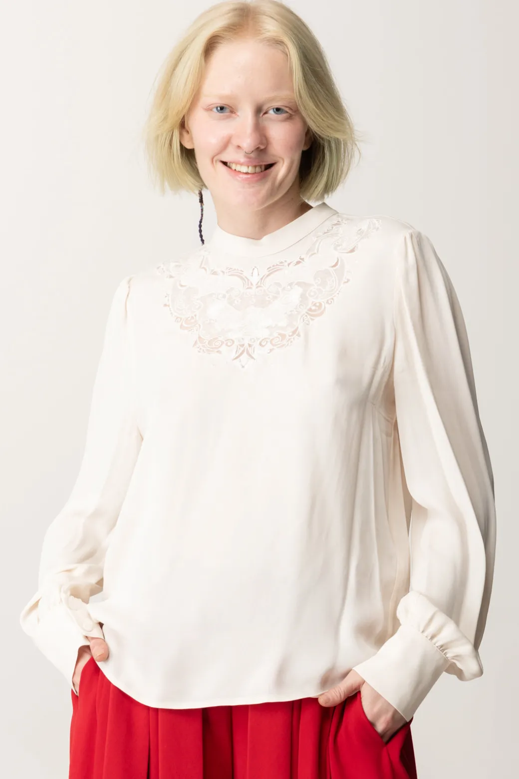 Donna Twin-set Blusa In Crêpe con Ricamo Floreale