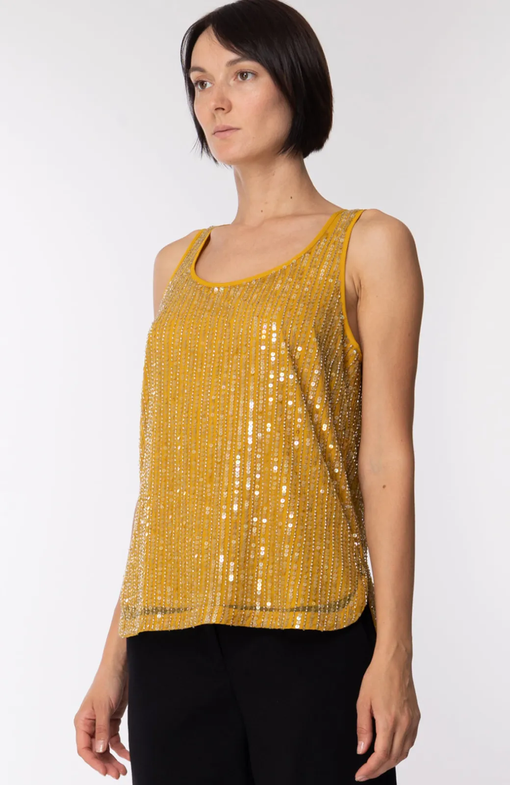 Donna Twin-set Canotta Ricamata con Perle e Paillettes