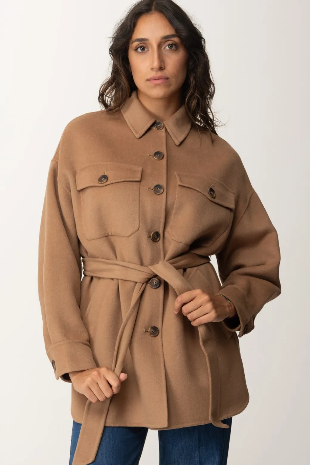 Donna Twin-set Cappotto Caban In Panno con Cintura
