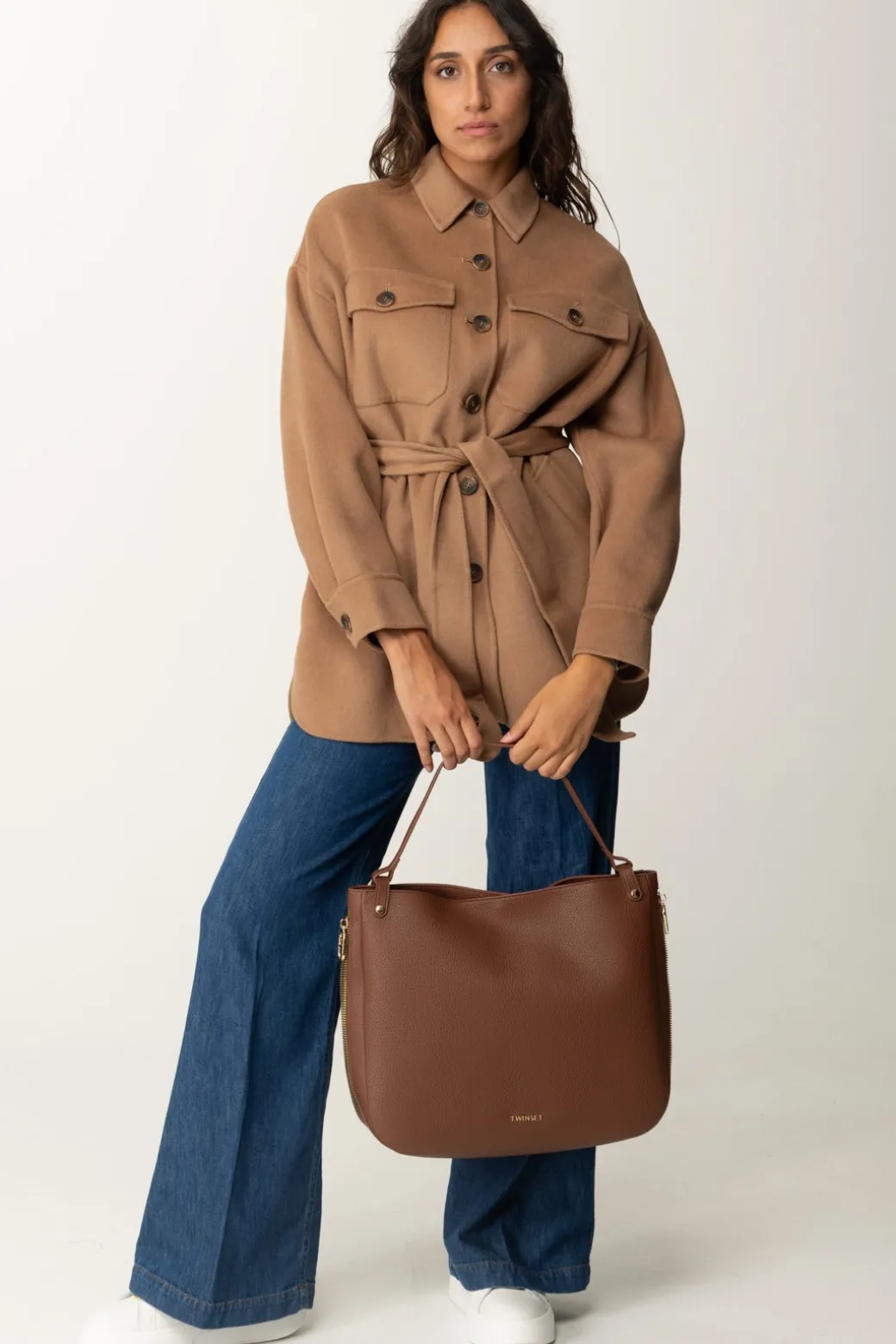 Donna Twin-set Cappotto Caban In Panno con Cintura