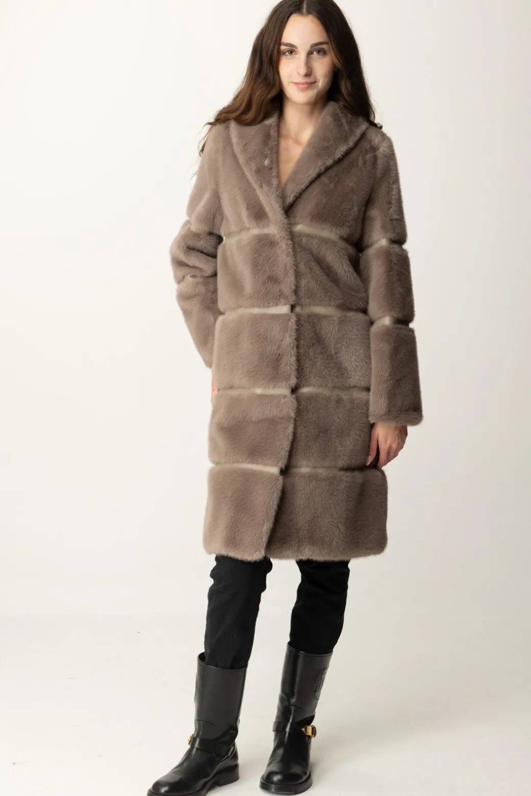 Donna Twin-set Cappotto Lungo In Faux Fur con Intarsi