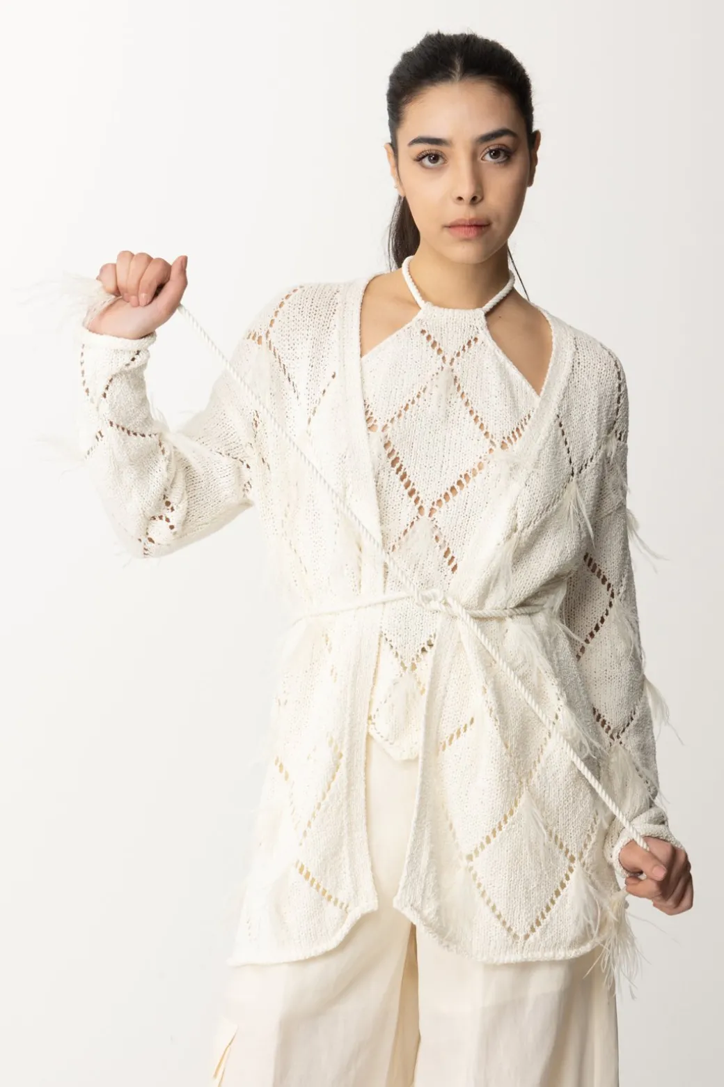 Donna Twin-set Cardigan a Losanghe con Piumette