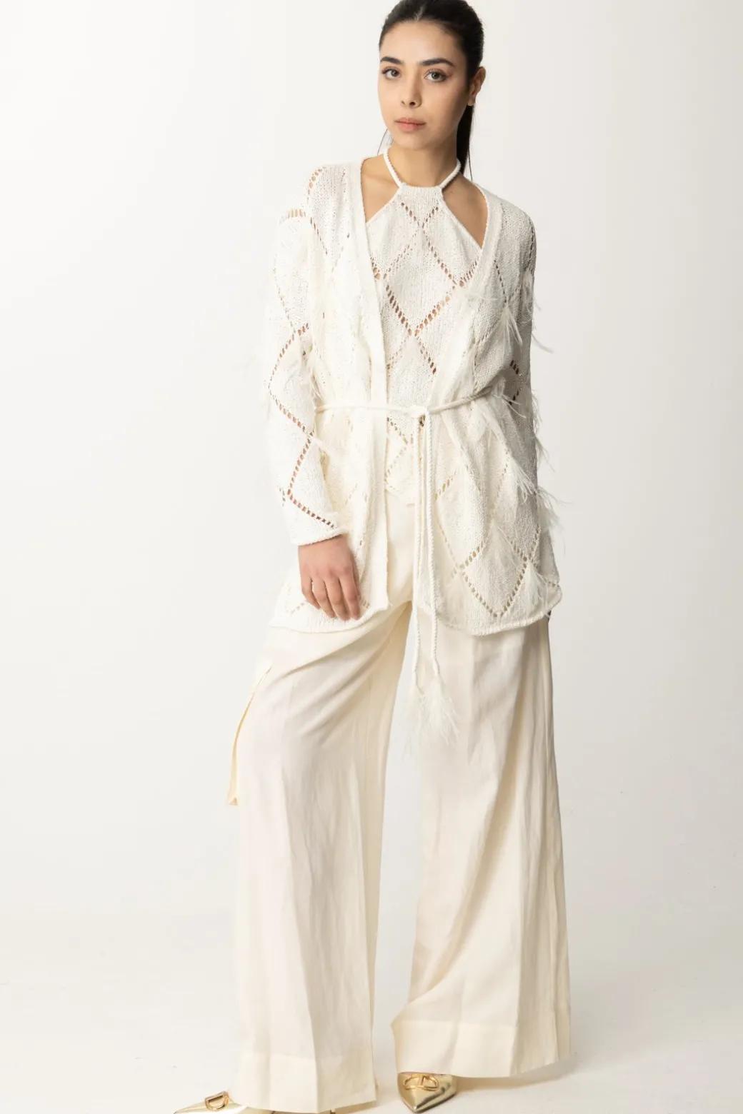 Donna Twin-set Cardigan a Losanghe con Piumette