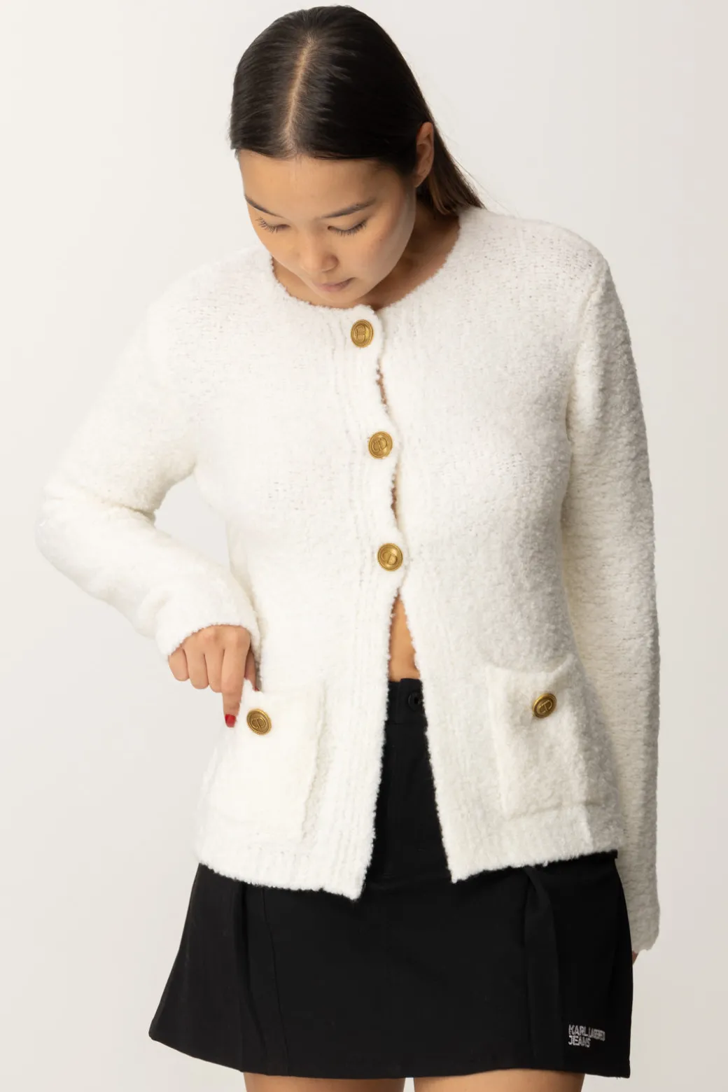 Donna Twin-set Cardigan con Bottoni Gold