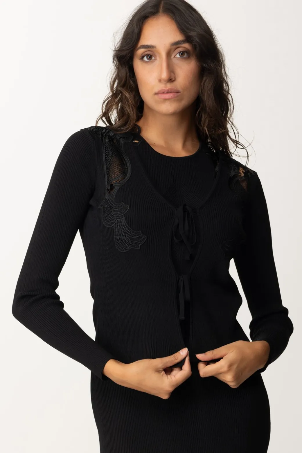 Donna Twin-set Cardigan con Pizzo e Laccetti