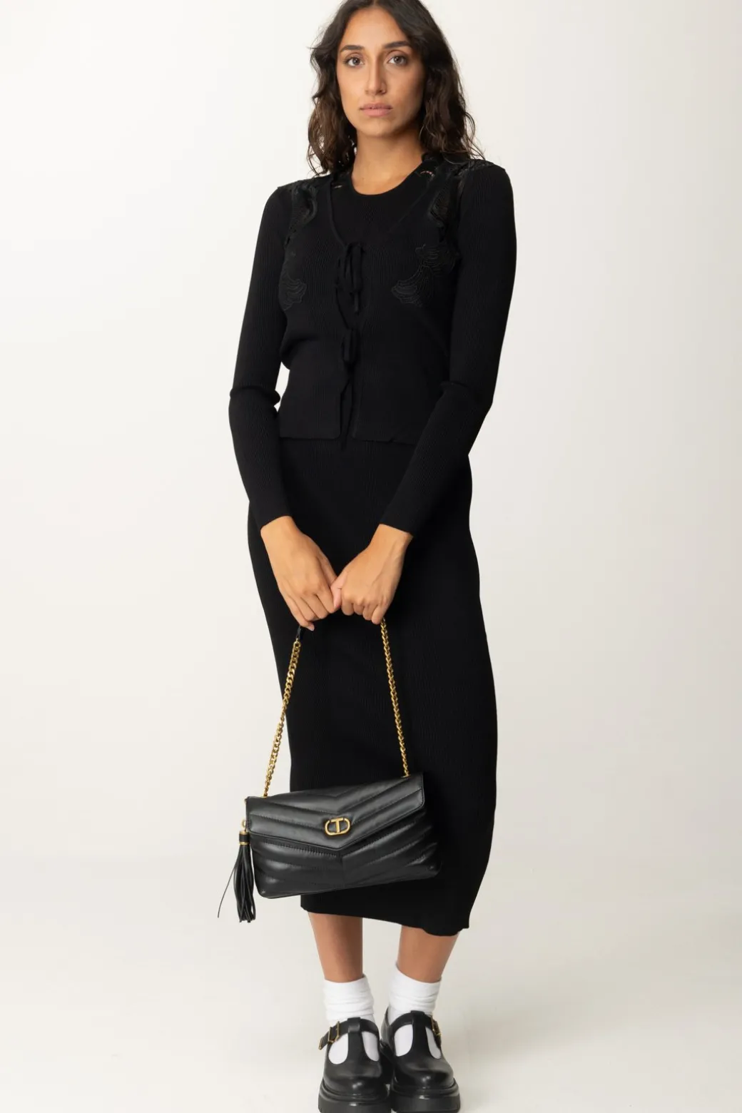 Donna Twin-set Cardigan con Pizzo e Laccetti
