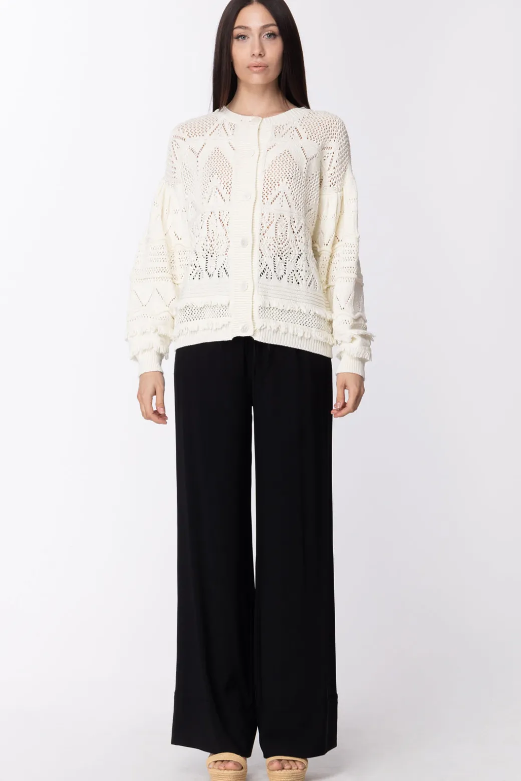 Donna Twin-set Cardigan Crochet e Applicazione Frange