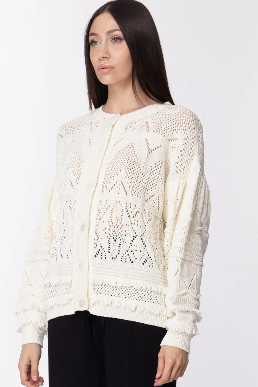 Donna Twin-set Cardigan Crochet e Applicazione Frange