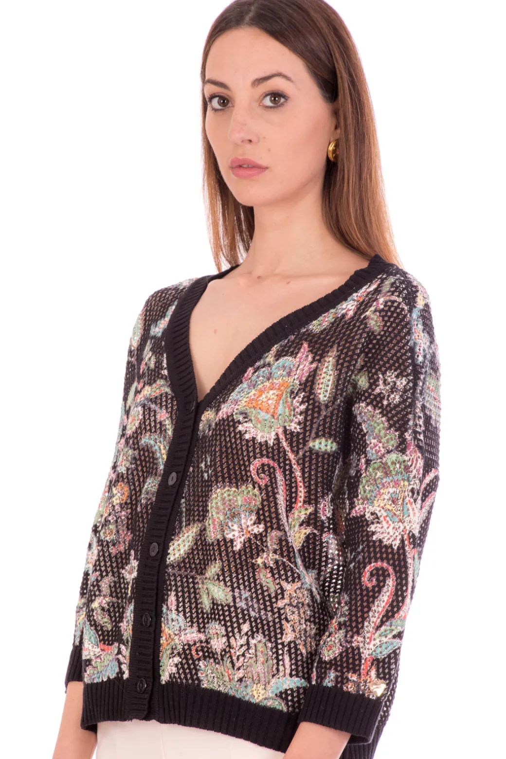 Donna Twin-set Cardigan In Punto Rete Stampa Floreale