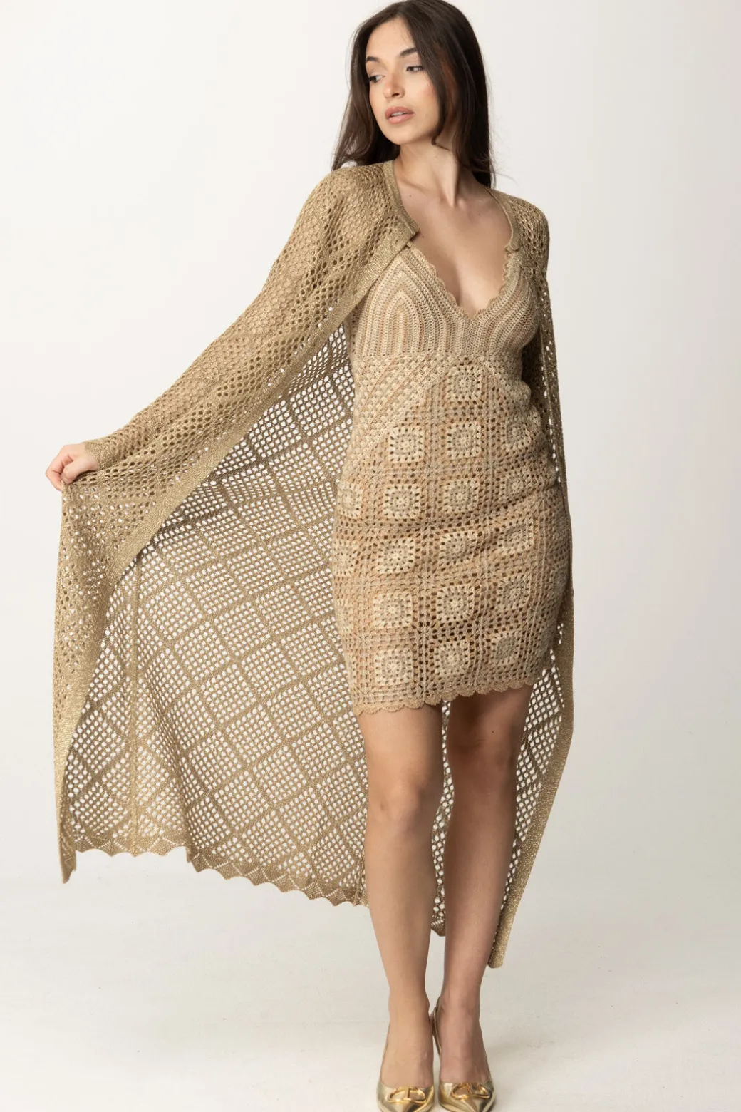 Donna Twin-set Cardigan Traforato Lungo con Lurex