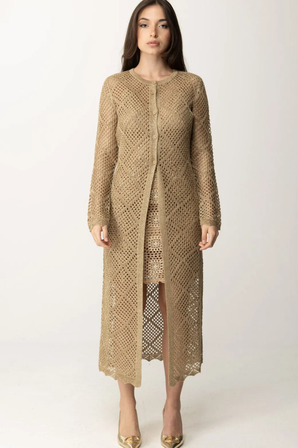 Donna Twin-set Cardigan Traforato Lungo con Lurex