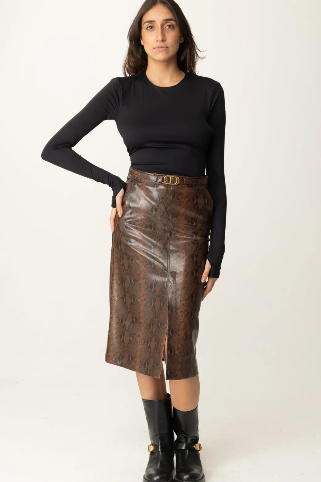 Donna Twin-set Gonna Midi Effetto Pelle Lizard con Logo