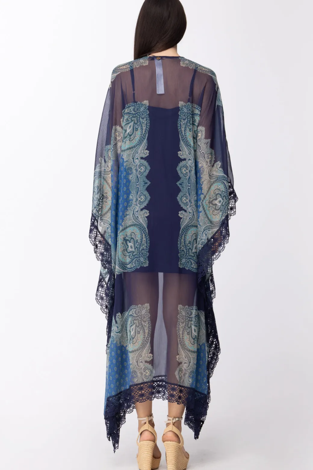 Donna Twin-set Kaftano Lungo con Orli In Pizzo e Sottoveste