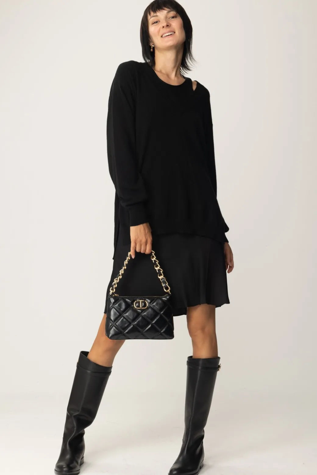 Donna Twin-set Maxi Maglia In Lana Mini Abito In Satin