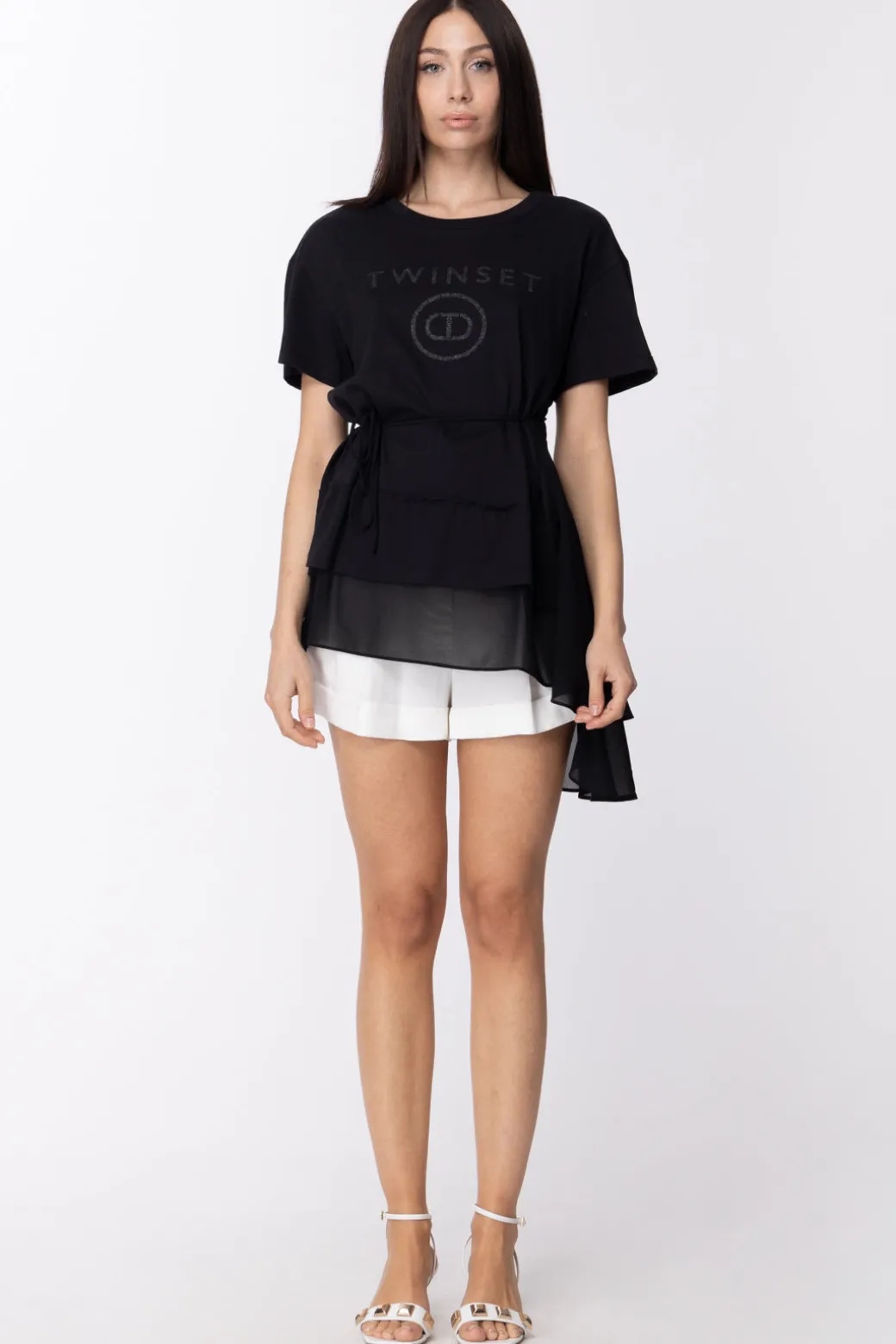 Donna Twin-set Maxi T-shirt Svasata con Inserto Volant