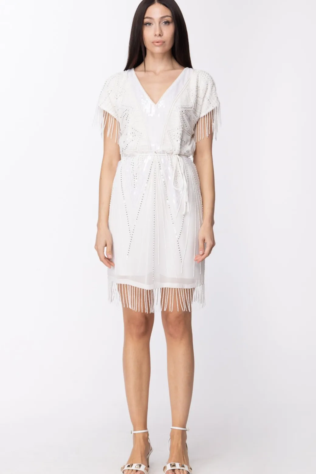 Donna Twin-set Mini Abito con Ricami In Perline e Frange