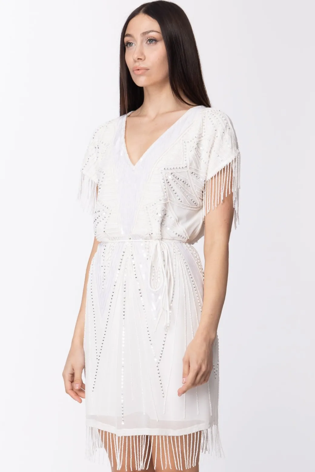 Donna Twin-set Mini Abito con Ricami In Perline e Frange