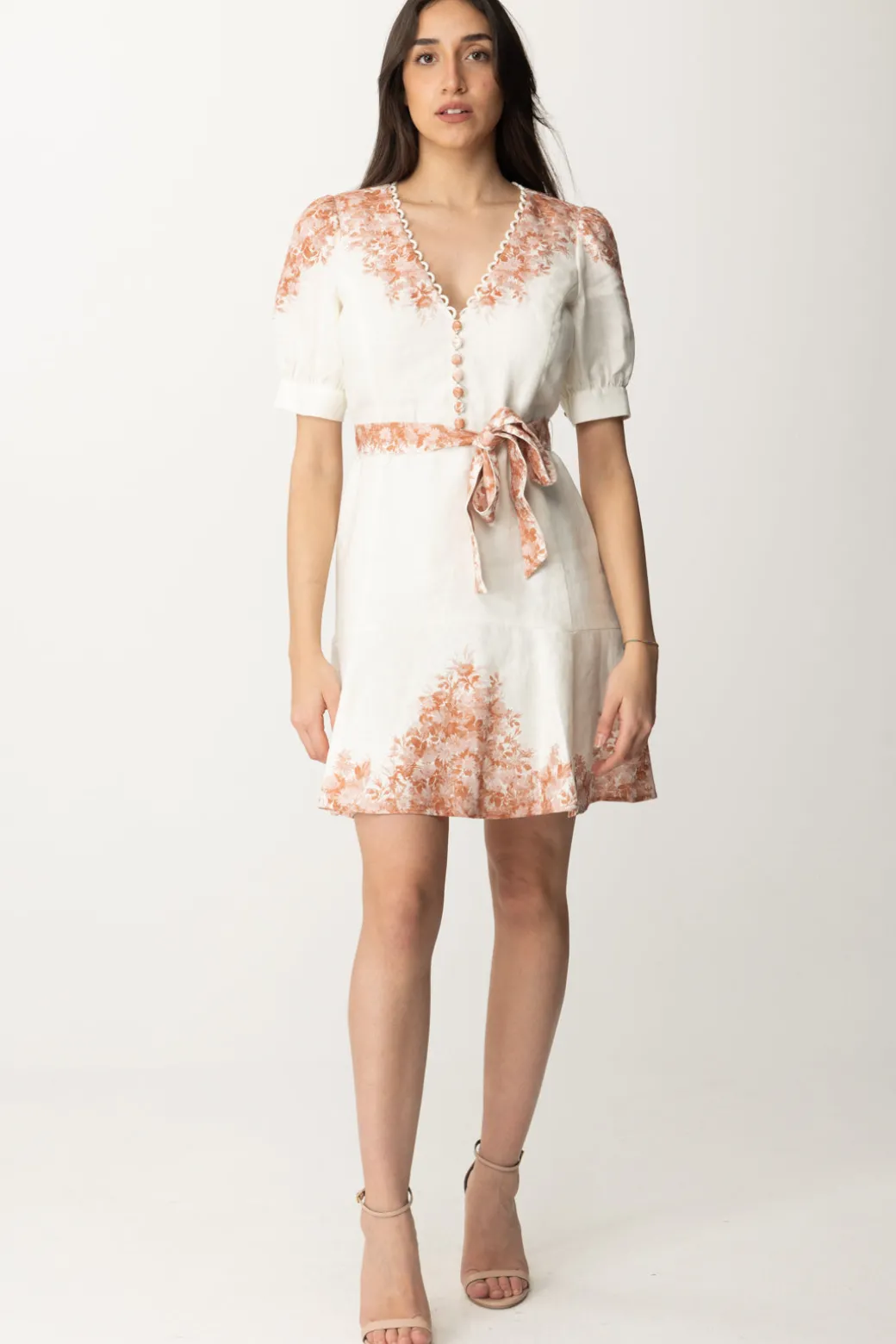 Donna Twin-set Mini Abito In Lino Stampa Fiori