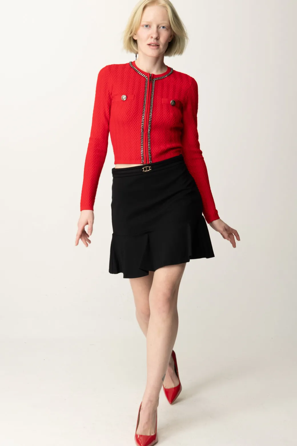 Donna Twin-set Minigonna con Volant e Dettaglio Logo