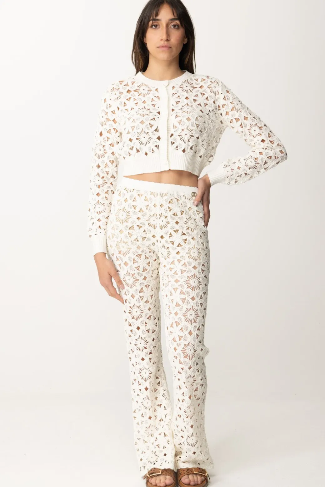 Donna Twin-set Pantaloni In Maglia Crochet a Fiori