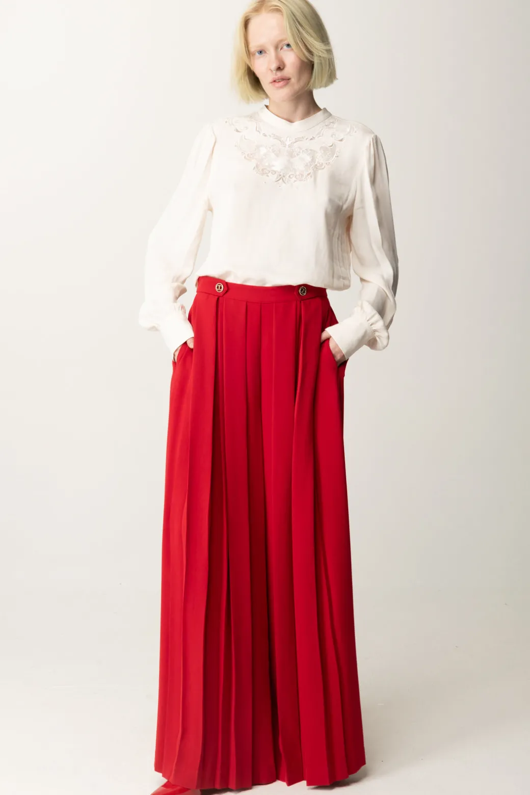 Donna Twin-set Pantaloni Plissé con Bottoni