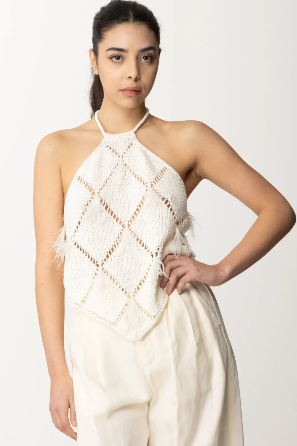 Donna Twin-set Top a Losanghe con Piume