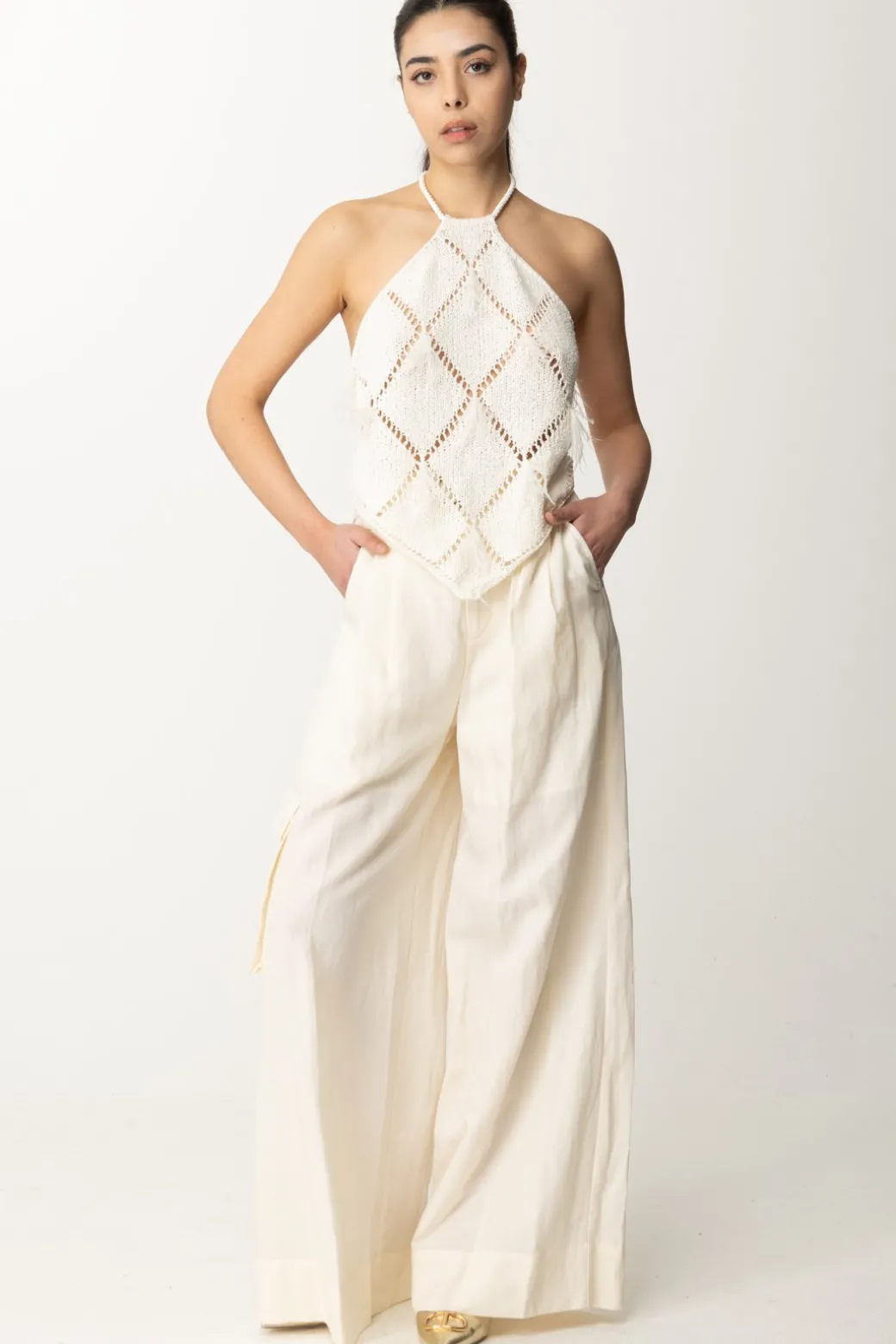 Donna Twin-set Top a Losanghe con Piume