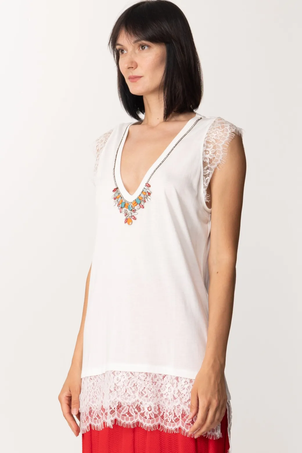 Donna Twin-set Top con Pizzo e Colletto Gioiello