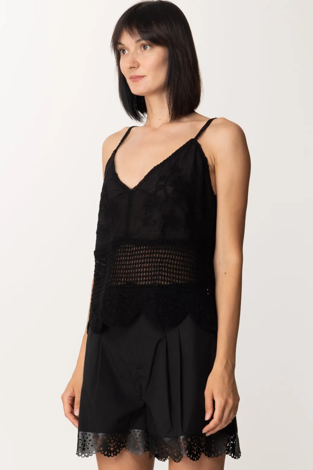 Donna Twin-set Top Crochet con Fondo Smerlato