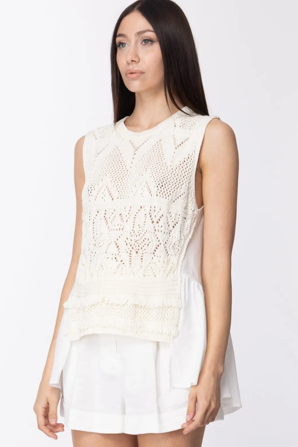 Donna Twin-set Top Crochet con Inserto In Tessuto