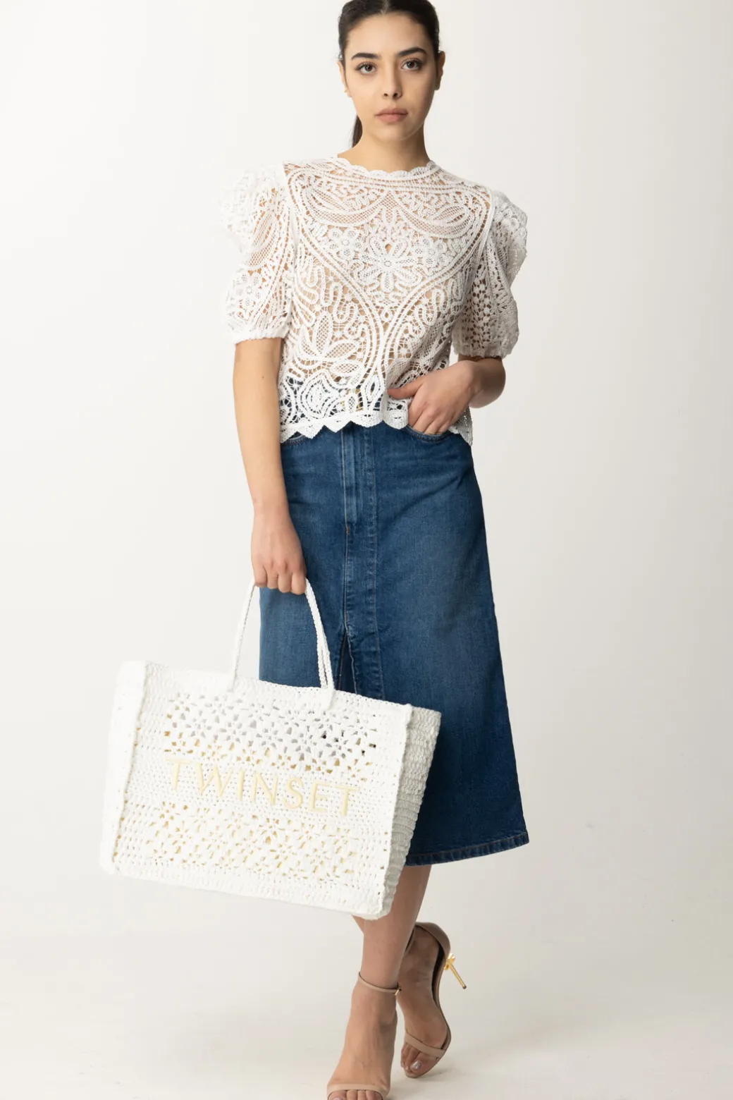 Donna Twin-set Top Crochet Effetto Pizzo