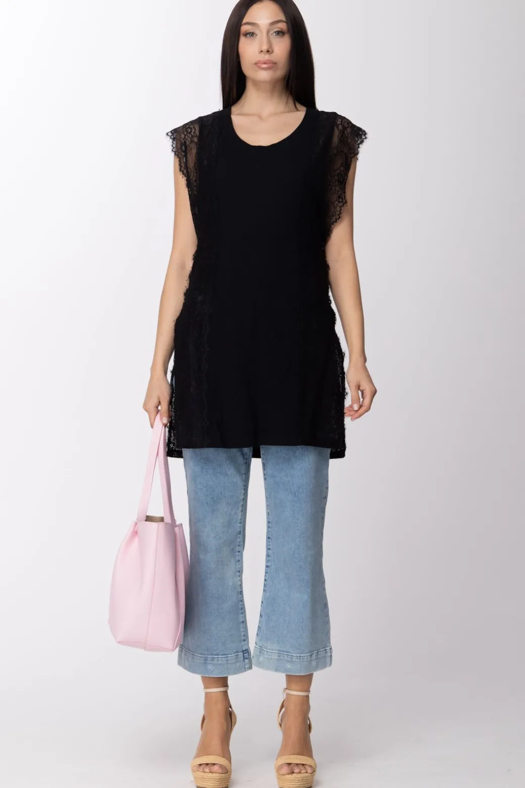 Donna Twin-set Top Lungo In Jersey con Inserti In Pizzo